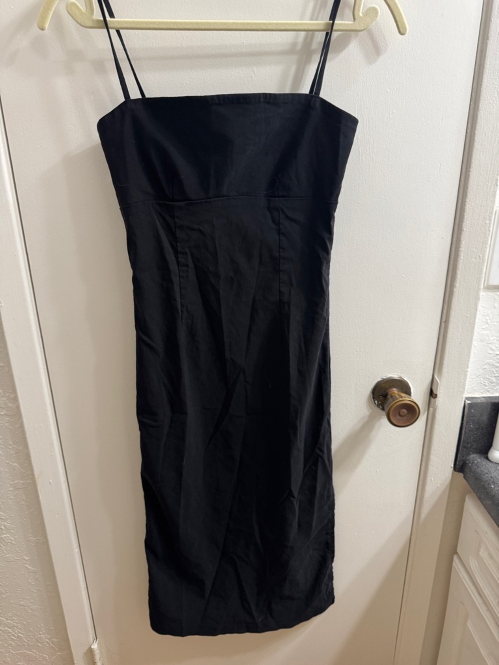 Classic Black Strapless Midi Dress with Slim Straps